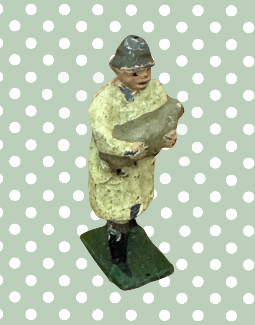 Vintage British Farmer Carrying Light Grey Sheep in Beige Raincoat | 1920s Britains Lead Farmyard Toy