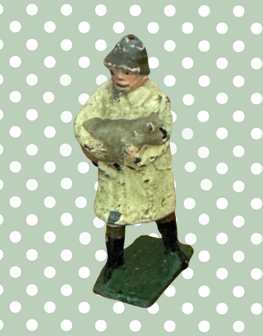 Vintage British Farmer Carrying Light Grey Sheep in Beige Raincoat | 1920s Britains Lead Farmyard Toy
