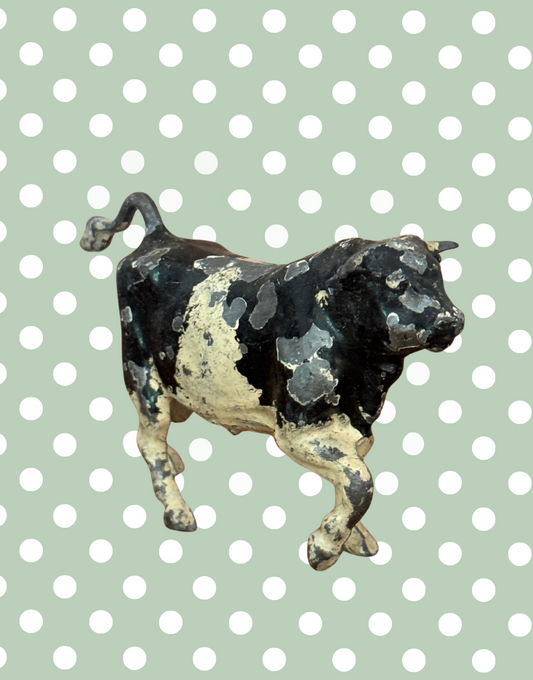 Rare Vintage Jaunty Large Black and White Bull | 1920s John Hill & Co Lead Farm Animal Collectible