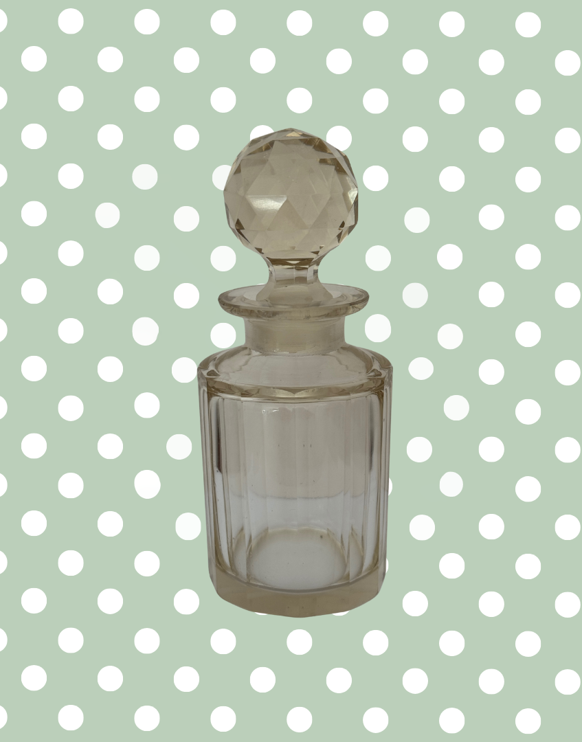 Medium Pretty Vintage Cut Glass Perfume Decanter Light Peach Vanity Bottle with Original Decorative Stopper