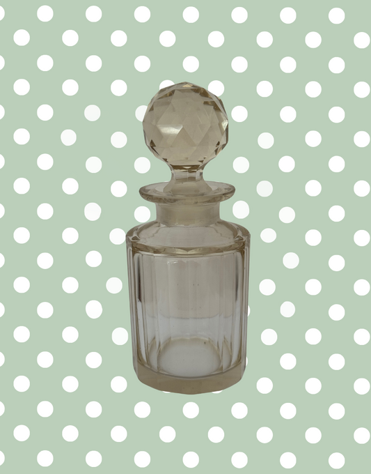 Medium Pretty Vintage Cut Glass Perfume Decanter | Light Peach Vanity Bottle with Original Decorative Stopper