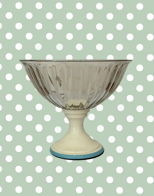 Pretty Vintage Ribbed Clear Glass Bonbon Dish | Blue & Cream Pedestal Stand or Table Decoration