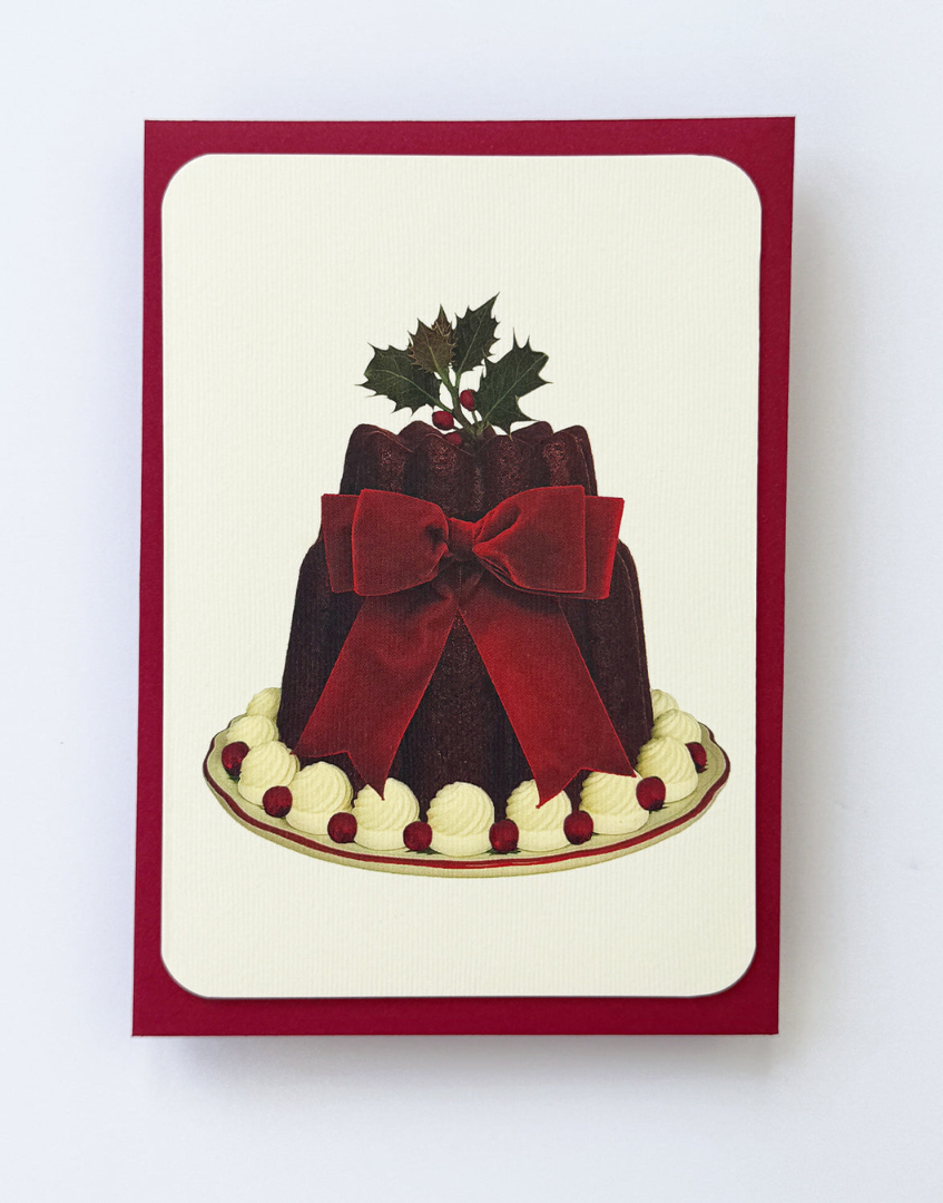 Christmas Plum Pudding Red Velvet Bow Greeting Card | Alexandra Simms for Canonbury Press