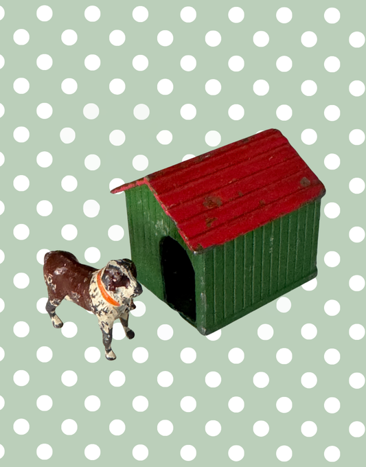 Britains Ltd Brown, Black and White Dog with Kennel | 1920s Vintage Lead Toy Collectables
