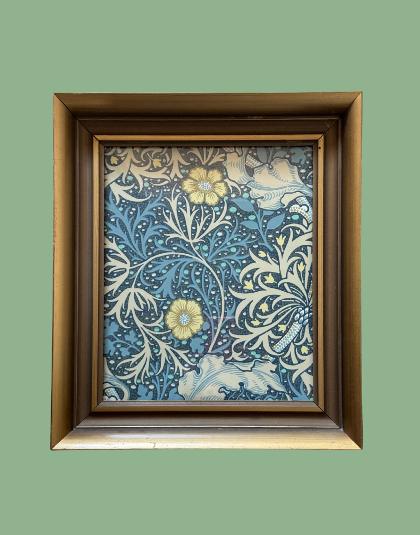 William Morris Seaweed framed wall art in vintage gold wood frame portrait orientation