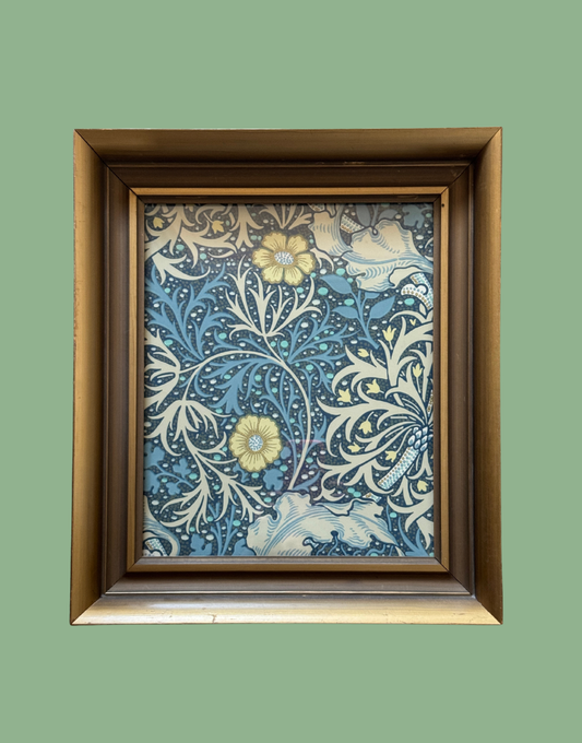 William Morris Seaweed framed wall art in vintage gold wood frame portrait orientation