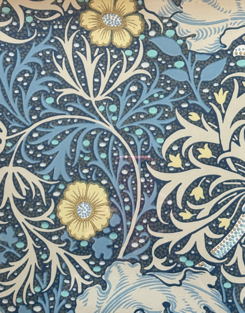 William Morris Seaweed pattern in cobalt blue and thyme with flowing botanical detail