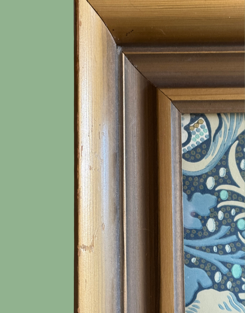 Close up of Cottagecore wall art featuring William Morris Seaweed design in an aged gilt wooden frame