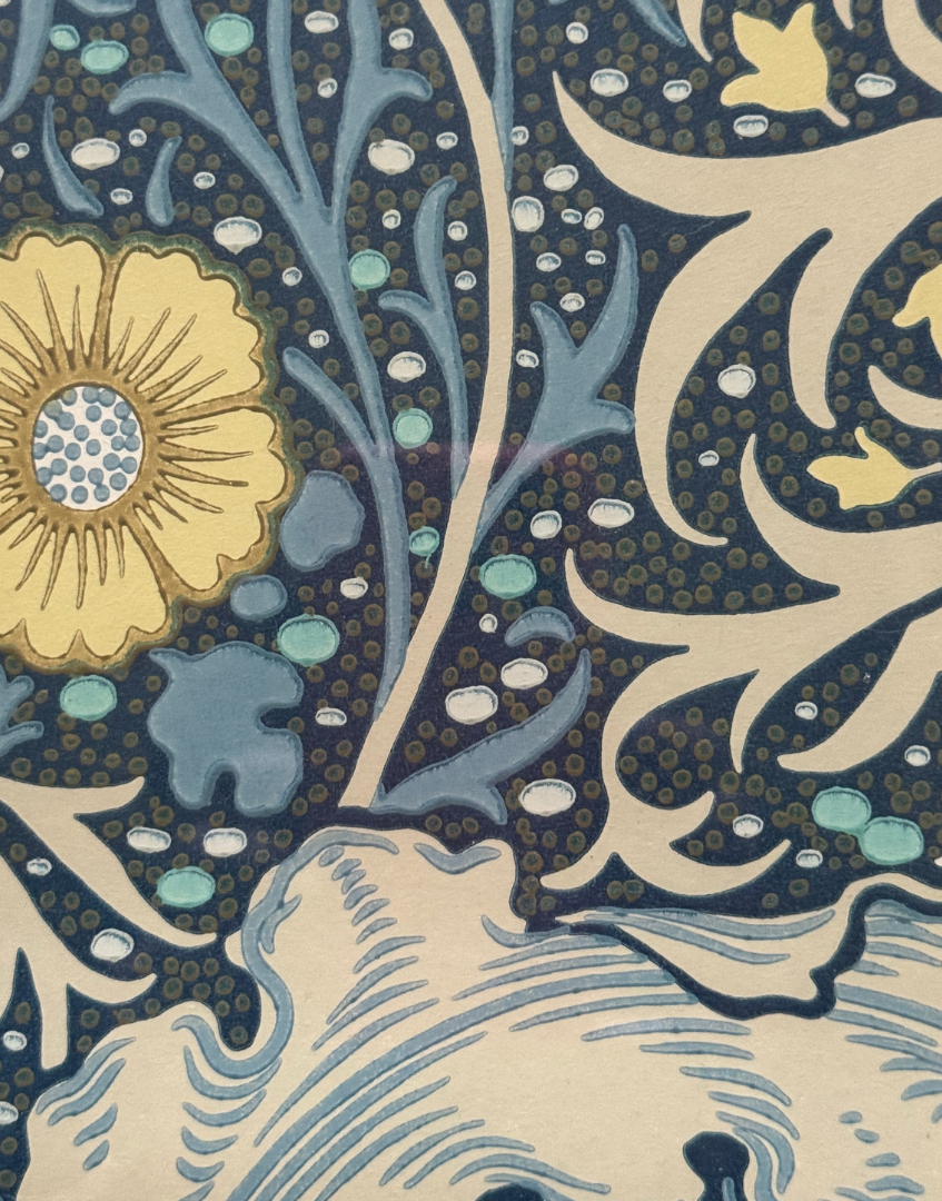 Close-up of William Morris Seaweed design showing intricate leaves and floral motifs in blue tones