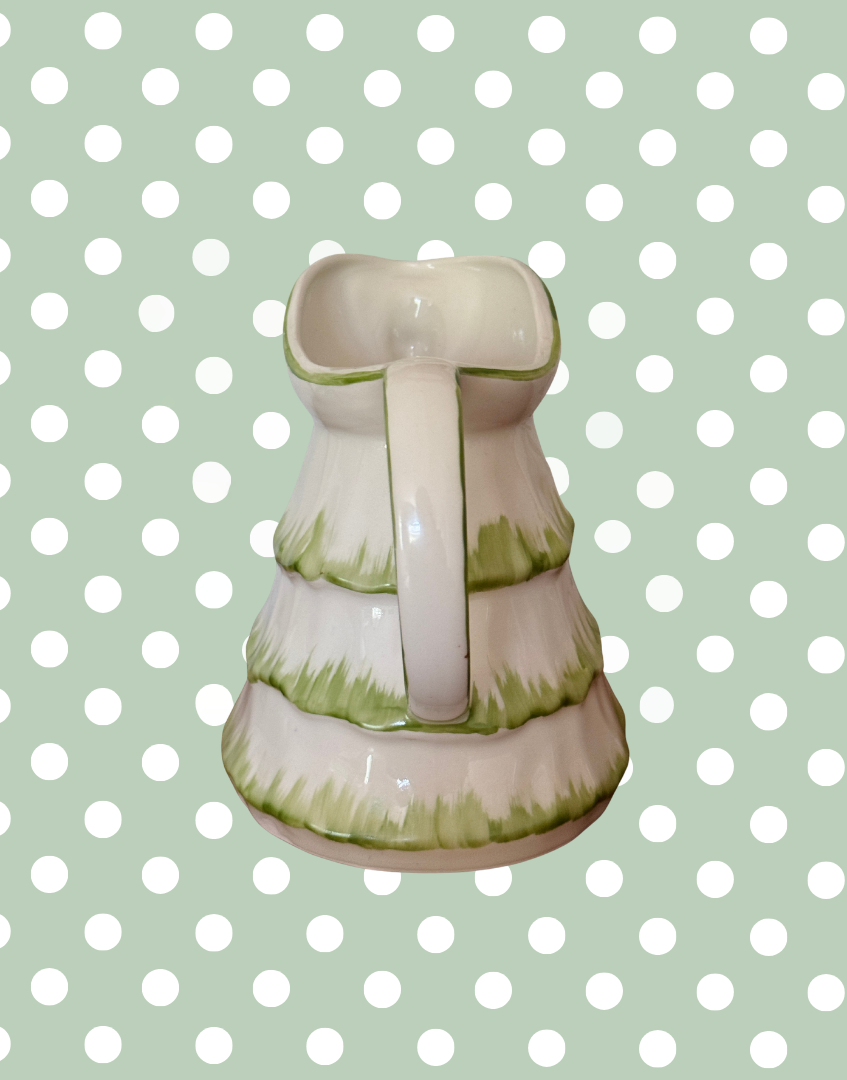 Back view of Tony Wood Little Old Lady green jug with character handle and spout detail