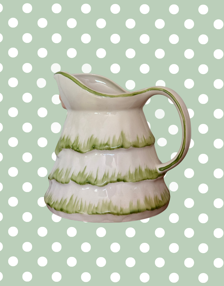 Back view of rare green Tony Wood Little Old Lady jug showing ceramic shape and finish