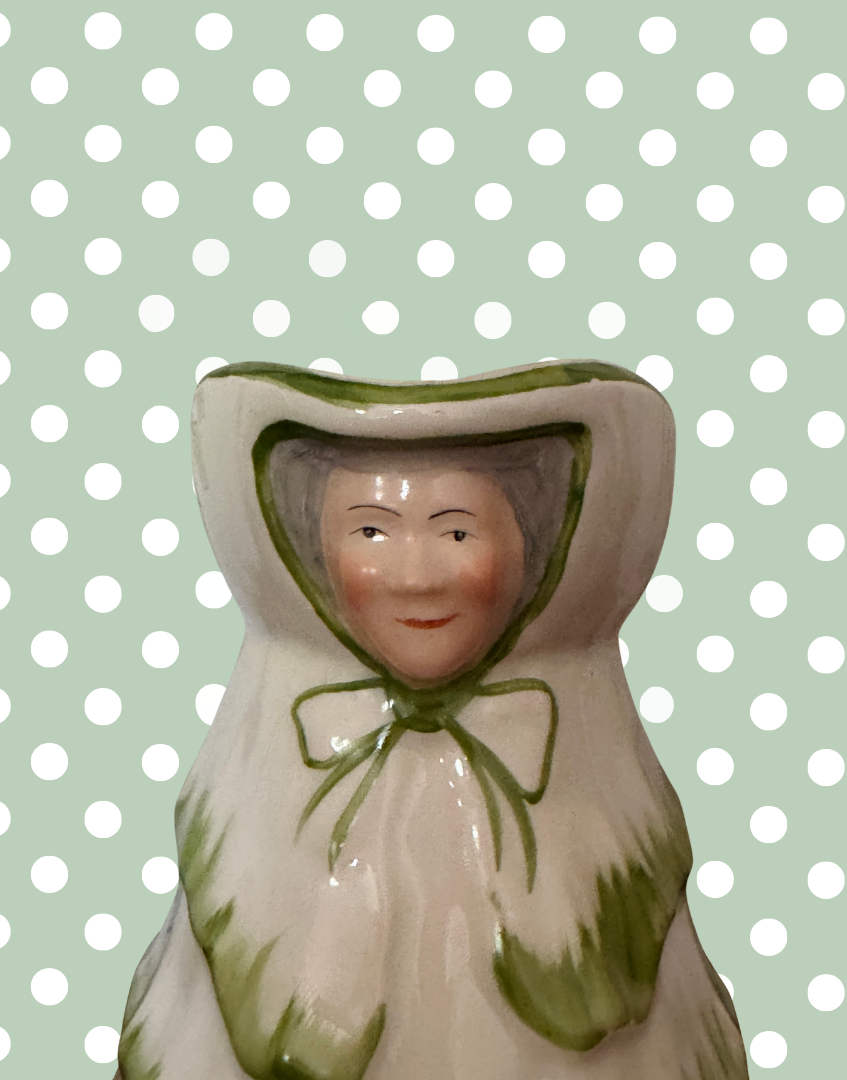Close up of Tony Wood Little Old Lady jug face detailing and hand painted character features