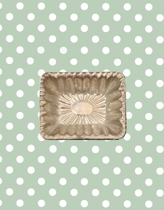 One out of a set of 10 identical vintage rectangular aluminium chocolate moulds with fluted sunburst design and original confectionery details