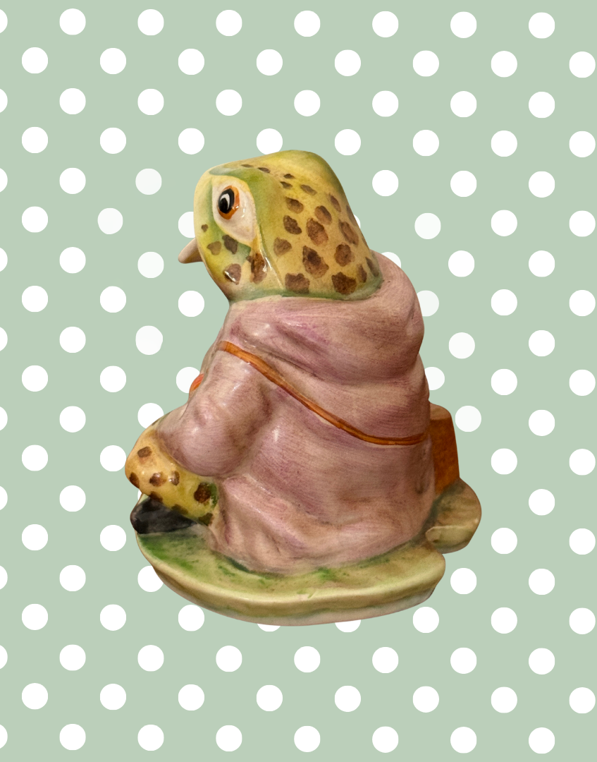 Three-quarter rear view of vintage Beswick Jeremy Fisher figurine showing hand-painted porcelain finish and modelling