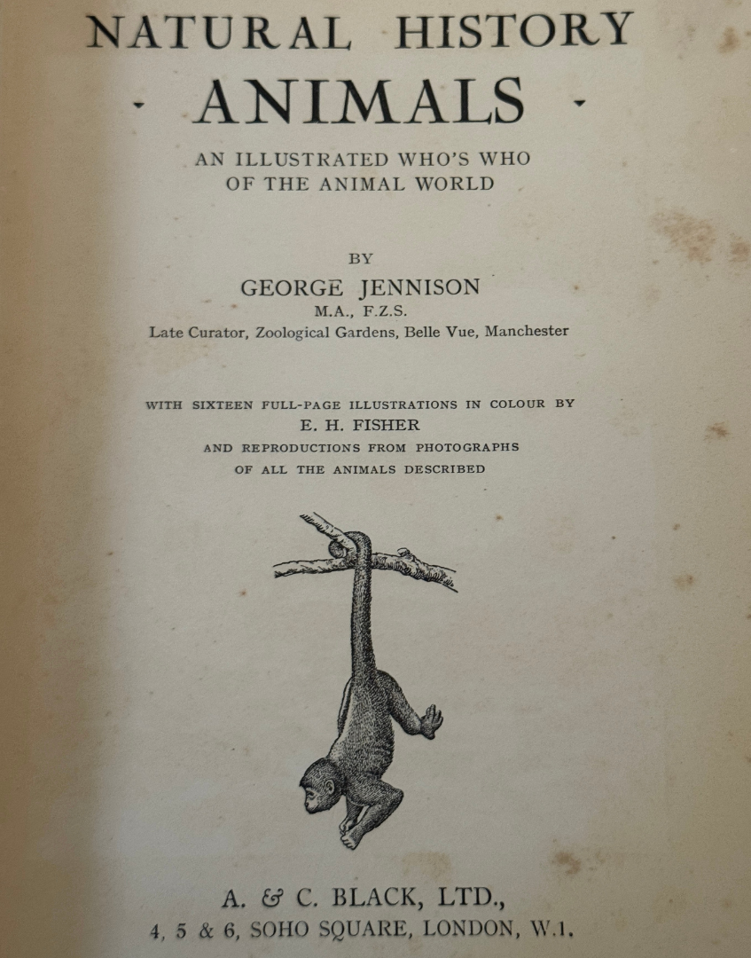 Title and publication details page from the 1927 Natural History Animals book by George Jennison