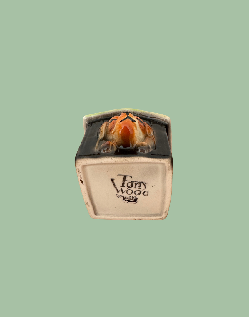Underside of the ceramic kennel egg cup showing the Tony Wood Studio Staffordshire England maker’s stamp.