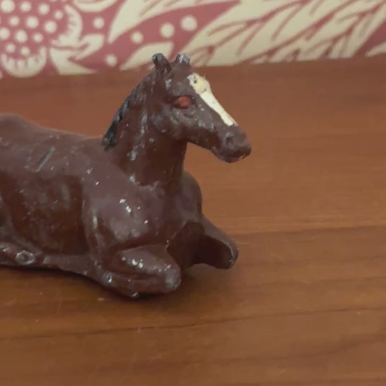 Charming Medium Chestnut Brown Lying Foal | 1920s John Hill & Co Lead Farm Toy Collectible
