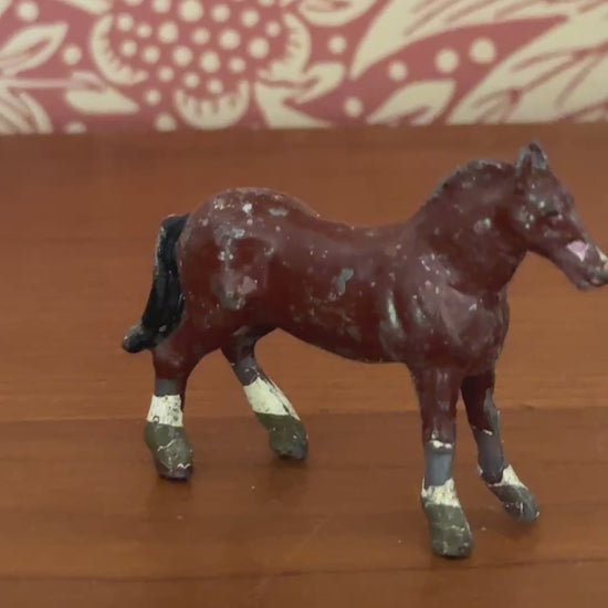 Standing Chestnut Brown Vintage Horse or Foal Figurine | 1920s John Hill & Co Lead Farm Toy Collectible