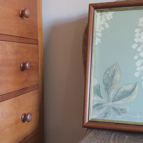 Chestnut Flower vintage framed wall art displayed on antique wooden seat sunny room