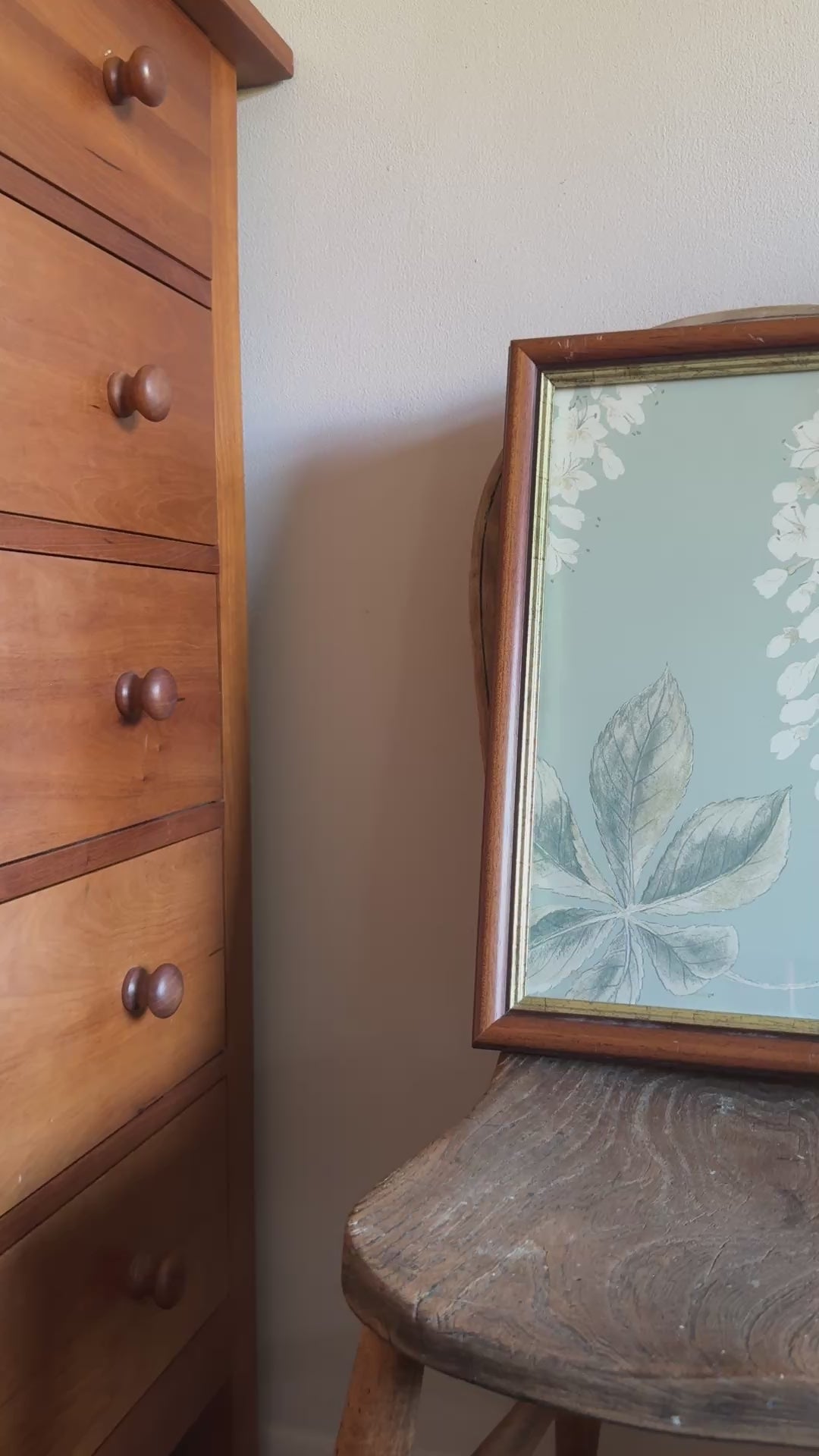 Chestnut Flower vintage framed wall art displayed on antique wooden seat sunny room