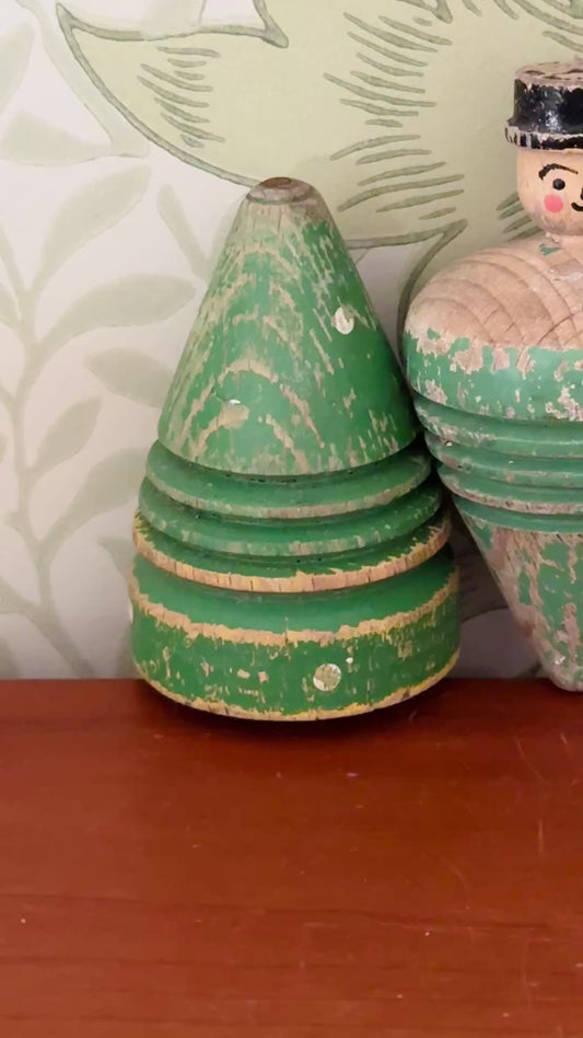 Pair of Antique Wooden Spinning Tops, Carved Gentleman & Green Polka Dots, c.1910–1920