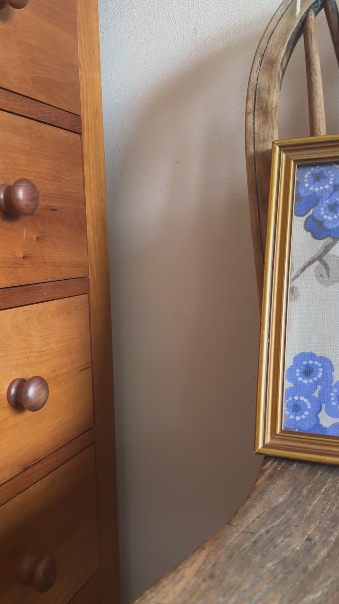 Pretty blue asian inspired floral wall art in gold vintage frame on antique wood chair