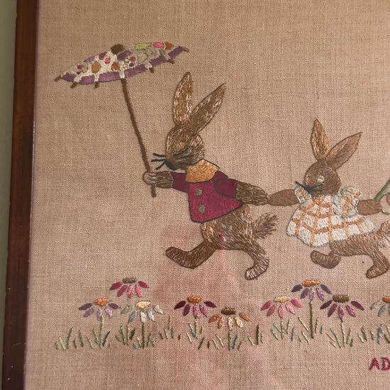 Charming Antique 19th Century Silk Embroidery of Rabbits Signed Ada E (possibly by British Artist, Ada E Fussey)|Framed by William Sullivan | Beatrix Potter Era Textile Art