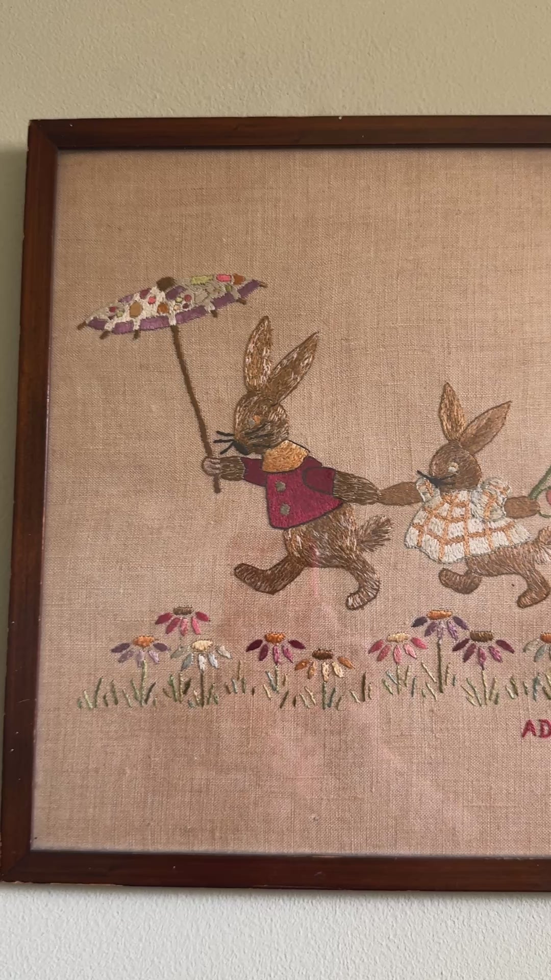 Charming Antique 19th Century Silk Embroidery of Rabbits Signed Ada E (possibly by British Artist, Ada E Fussey)|Framed by William Sullivan | Beatrix Potter Era Textile Art