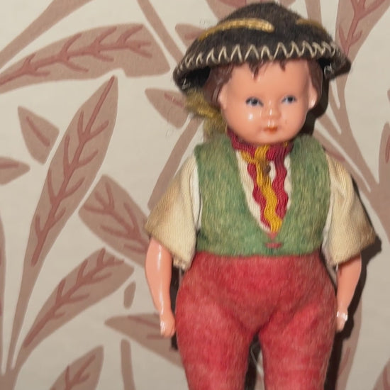 Antique German Celluloid Boy Doll Collctable | Dressed in Felt Clothing with Moulded Hair and Hat