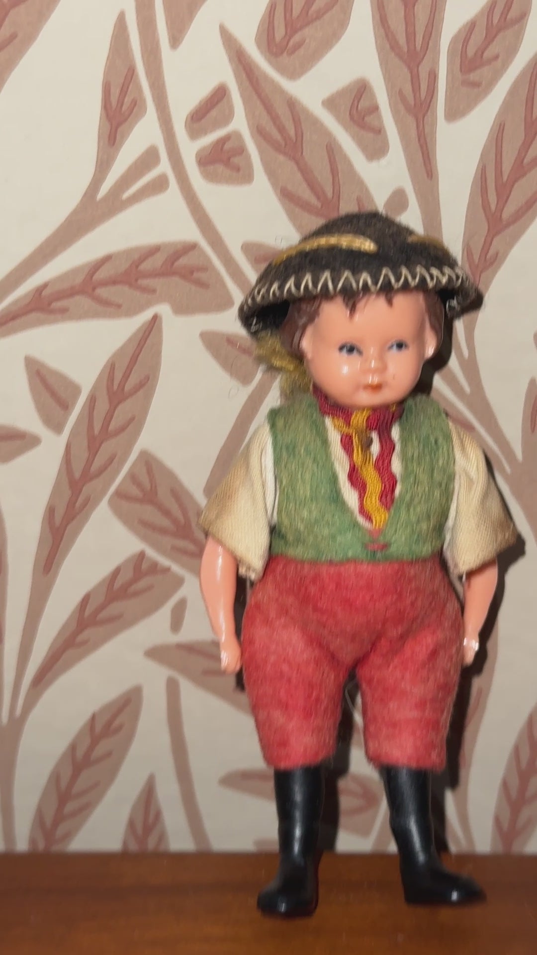 Antique German Celluloid Boy Doll Collctable | Dressed in Felt Clothing with Moulded Hair and Hat