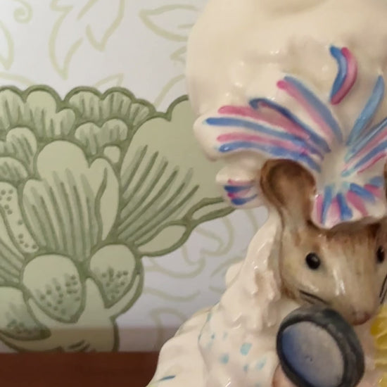 Early Beswick Lady Mouse porcelain figurine wearing white dress and bonnet from the Beatrix Potter collection