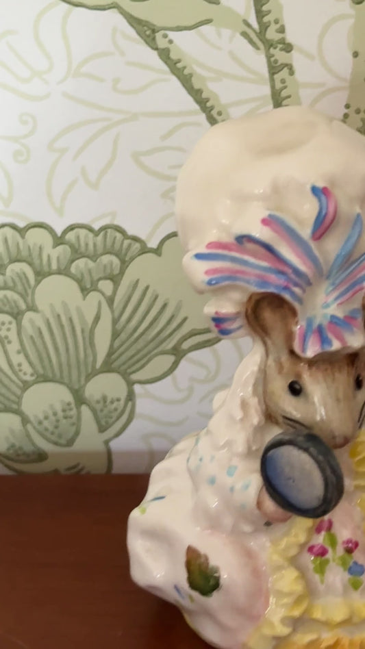Early Beswick Lady Mouse porcelain figurine wearing white dress and bonnet from the Beatrix Potter collection