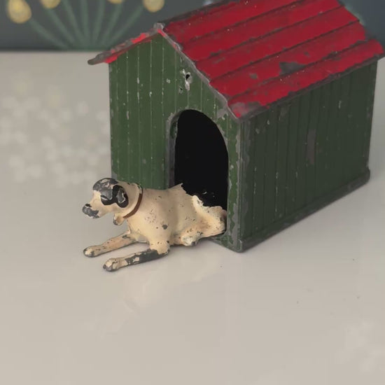 Britains Ltd Black and White Dog with Red Collar and Kennel | 1920s Vintage Lead Toy Collectable