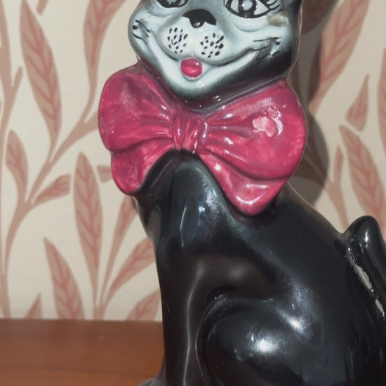 Mid Century Characterful Black Cat Decanter | 1950s Kitsch Noir Ceramic with Red Bow