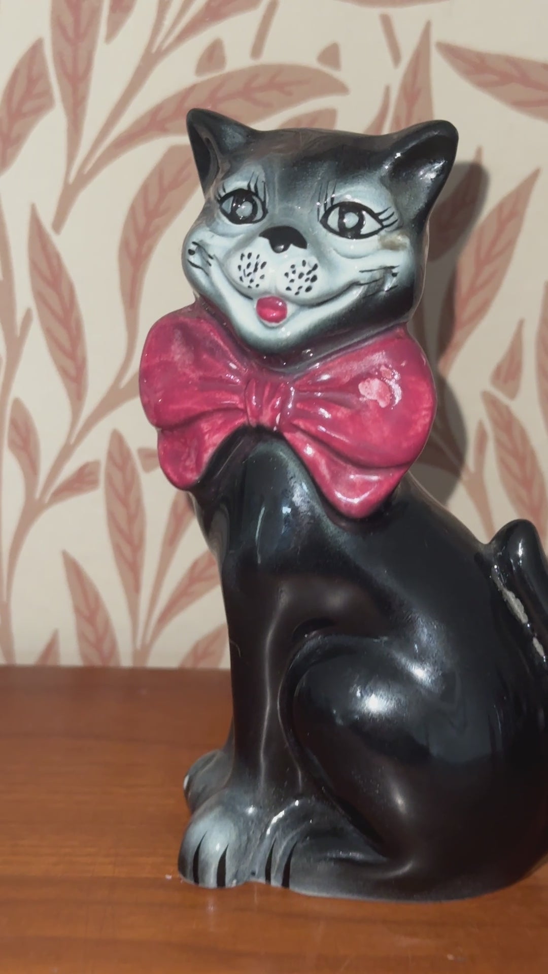 Mid Century Characterful Black Cat Decanter | 1950s Kitsch Noir Ceramic with Red Bow