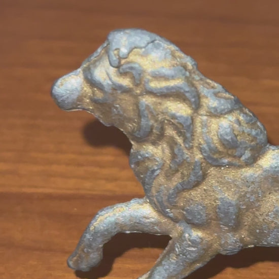1950s Miniature Flat Silhouette Lion Figurine with Gold Patina on Green Stand