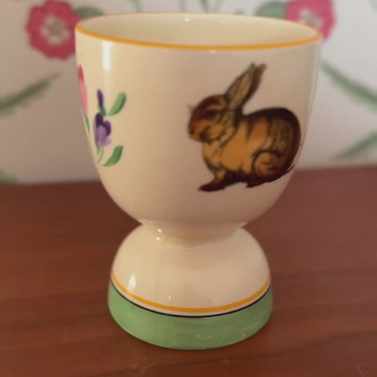 Vintage Yellow Duck Egg Cup With Rabbit & Chick Design | Charming Easter Collectable