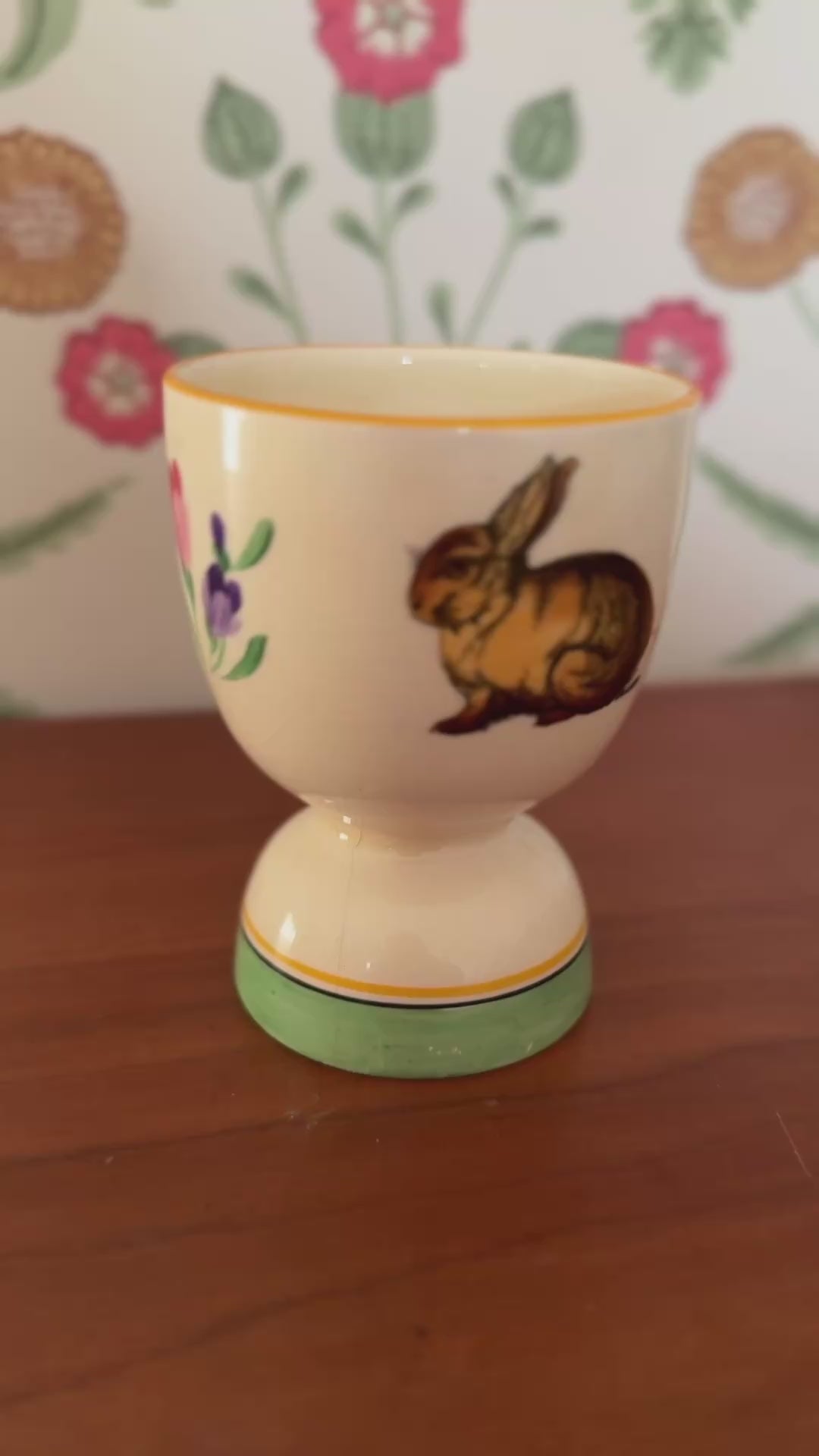 Vintage Yellow Duck Egg Cup With Rabbit & Chick Design | Charming Easter Collectable