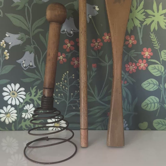 Antique Wooden Kitchen Utensils Trio of Coil Whisk, Cooking Spoon and Spatula | Perfect Mid-Century Styling Props