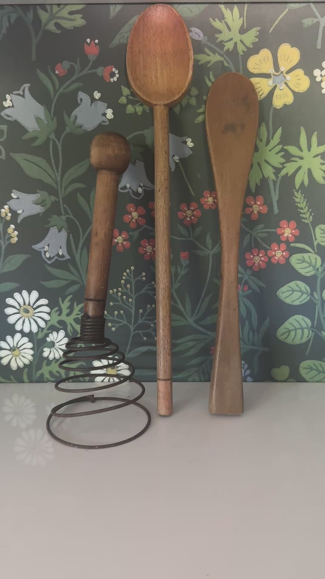 Antique Wooden Kitchen Utensils Trio of Coil Whisk, Cooking Spoon and Spatula | Perfect Mid-Century Styling Props
