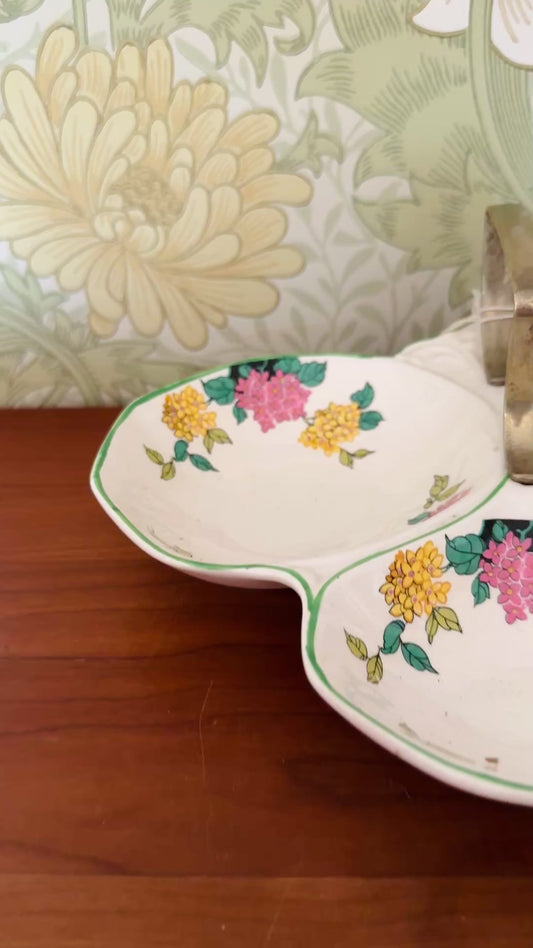 Vintage Flosmaron Floral Three-Section Serving Dish with Brass Handle