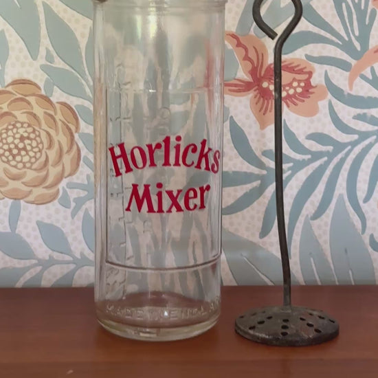 Vintage Horlicks Glass Mixer with Original Metal Tool | Retro British Kitchenalia Branding Collectable