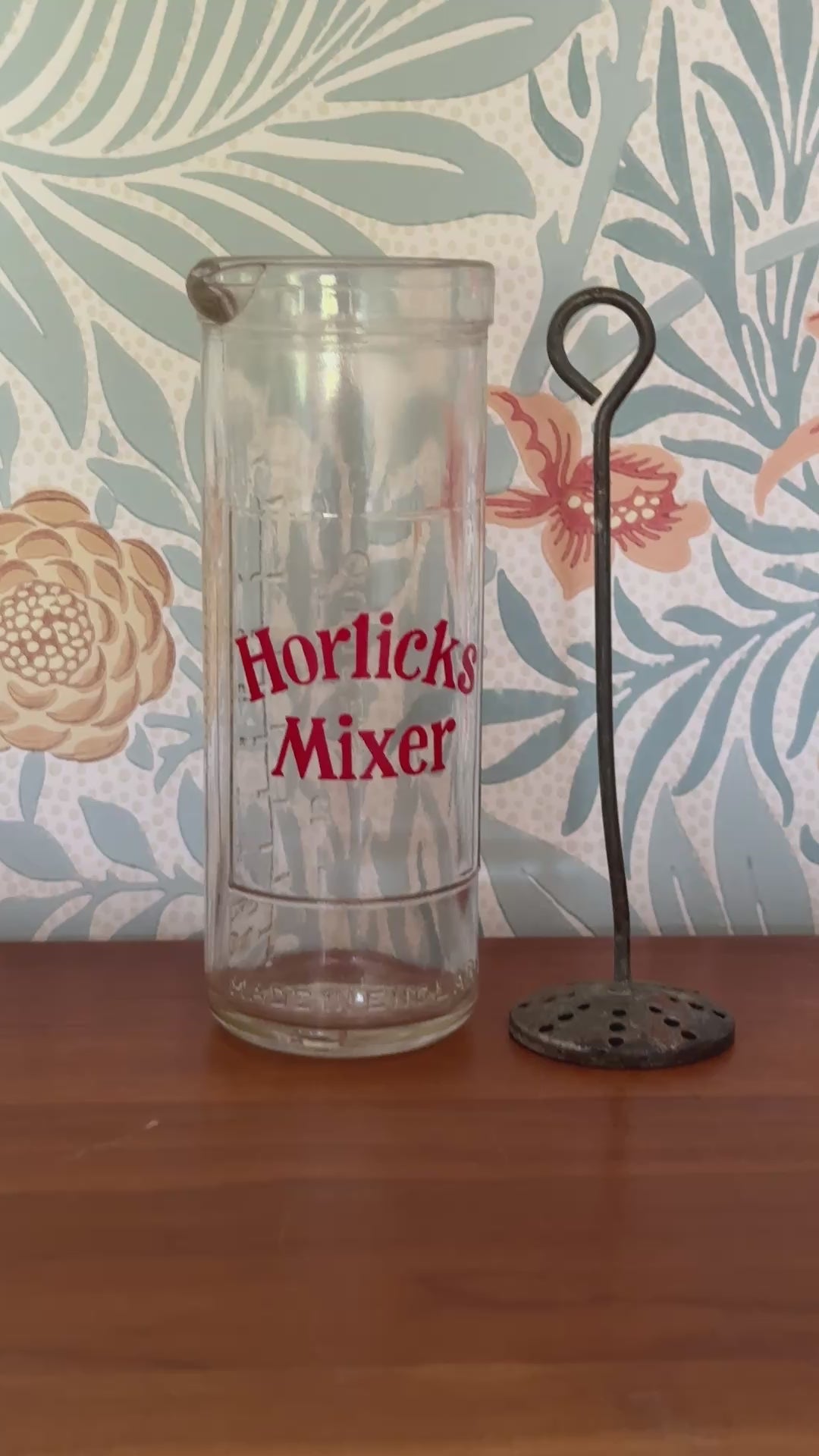 Vintage Horlicks Glass Mixer with Original Metal Tool | Retro British Kitchenalia Branding Collectable