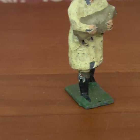 Vintage British Farmer Carrying Light Grey Sheep in Beige Raincoat | 1920s Britains Lead Farmyard Toy