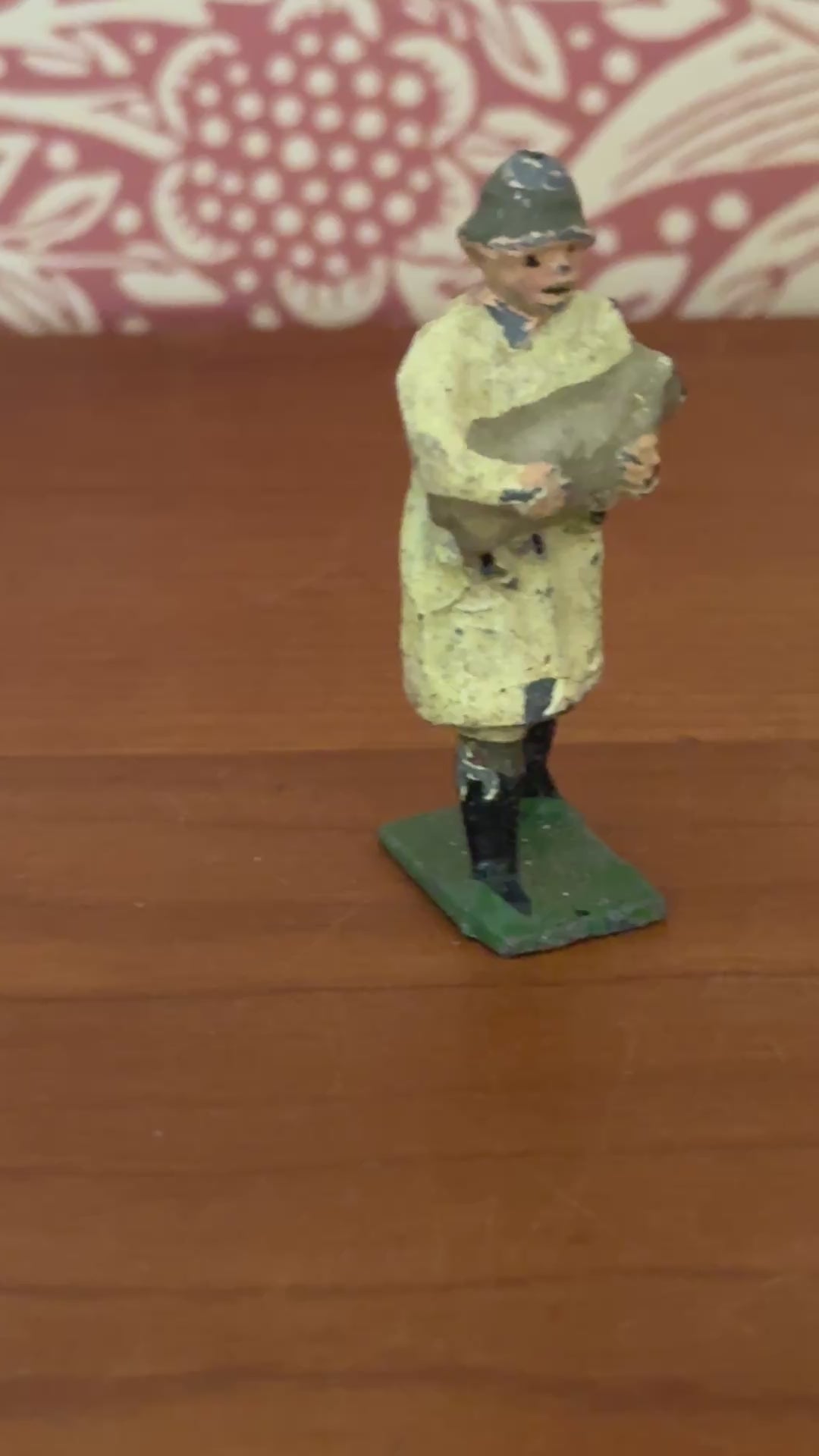 Vintage British Farmer Carrying Light Grey Sheep in Beige Raincoat | 1920s Britains Lead Farmyard Toy