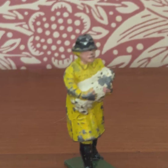 British Farmer Carrying Cream Sheep in Yellow Raincoat | 1920s Rare Britains Hand-Painted Lead Toy