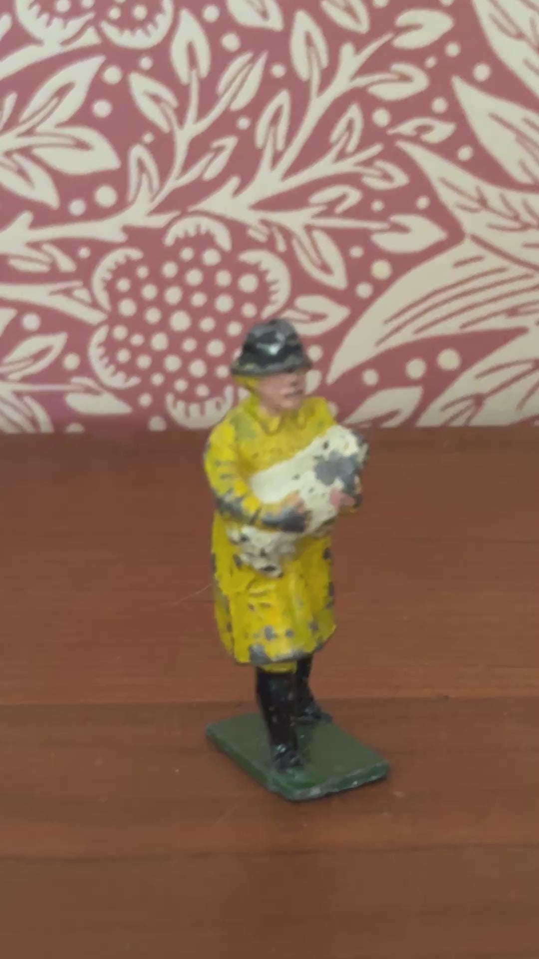 British Farmer Carrying Cream Sheep in Yellow Raincoat | 1920s Rare Britains Hand-Painted Lead Toy