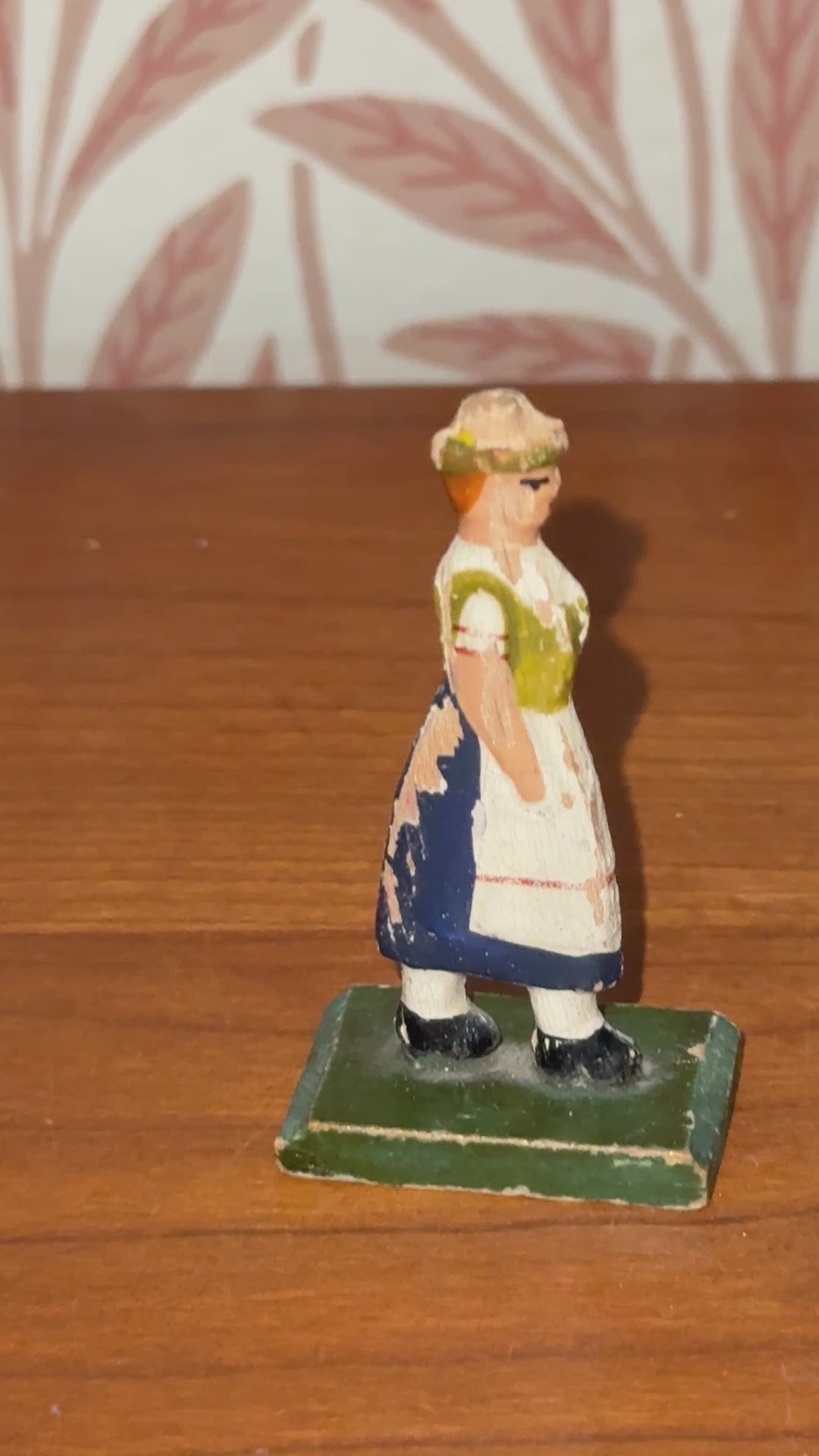 Product description:

A traditional flat wooden toy figure from the Erzgebirge region of Germany, featuring a hand-painted country farm woman. Lovely naive style and gentle signs of age make this a collectible piece of folk toy history.



Product details:

• Origin: Erzgebirge, Germany

• Material: Hand-painted wood

• 1930s



Condition:

Good vintage condition with light paint loss to back. Please refer to images.



Product dimensions:

Height: 5.5cm

Width: 1.5cm