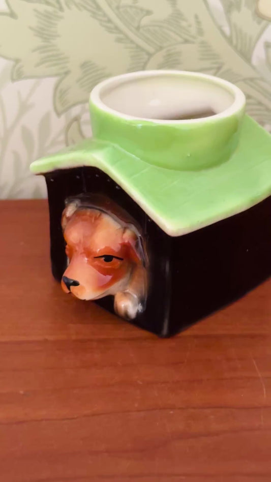Vintage Tony Wood dog in kennel egg cup with apple green roof