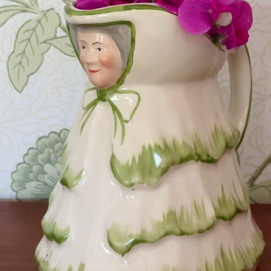 Green Tony Wood Little Old Lady ceramic jug showing rare vintage Staffordshire pottery design with freshly cut sweet peas